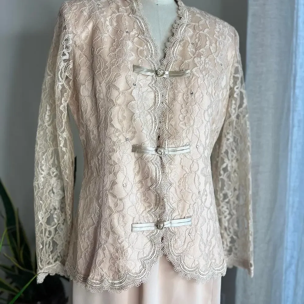 Nicole Paris Women’s Size 10 Skirt Suit Blush Lace Overlay Satin Trim Elegant